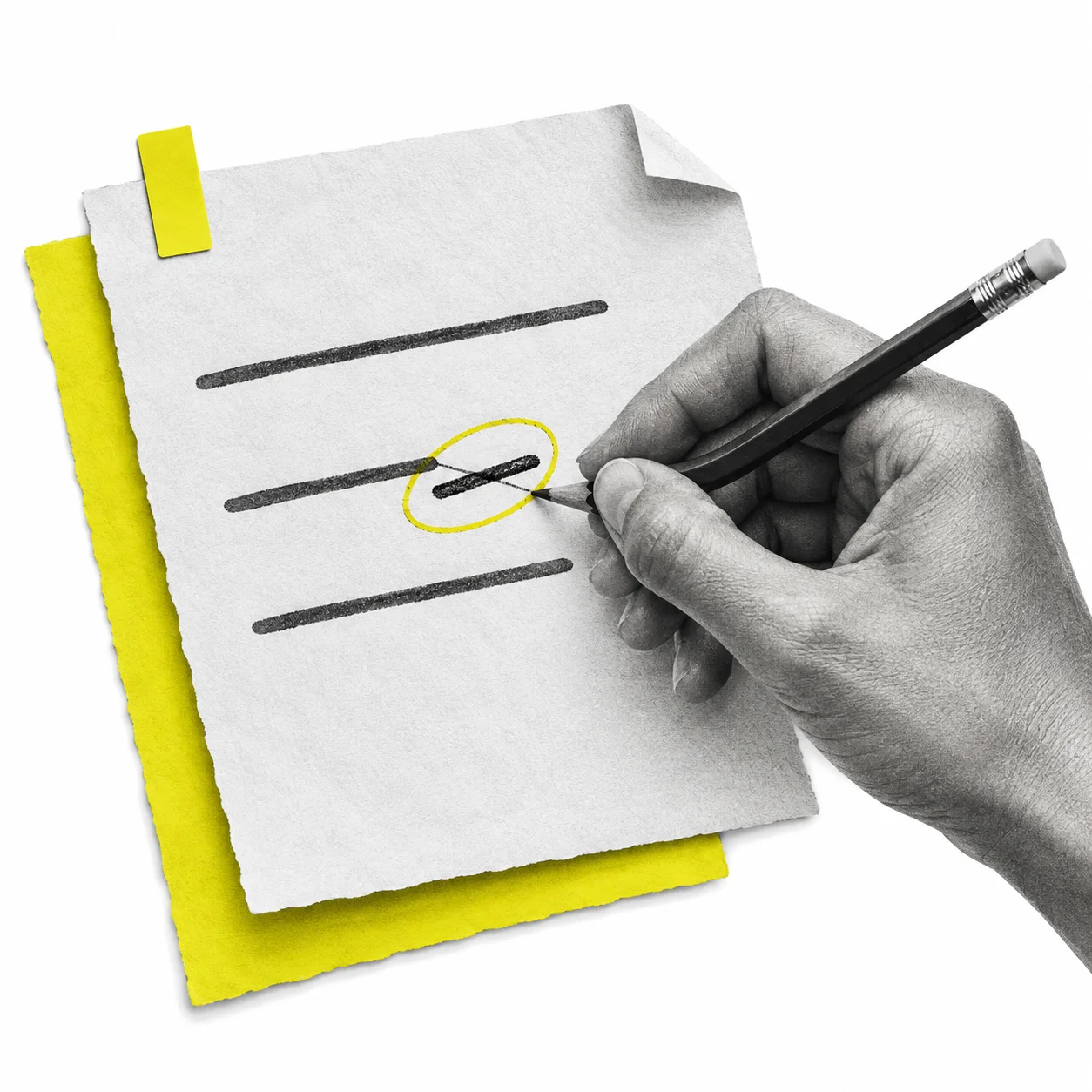 A hand using a pencil to edit a paper rule, with a yellow sheet and a circled correction.
