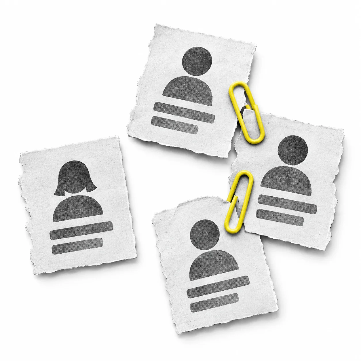 Three paper account records joined by yellow clips; a separate record remains unconnected.
